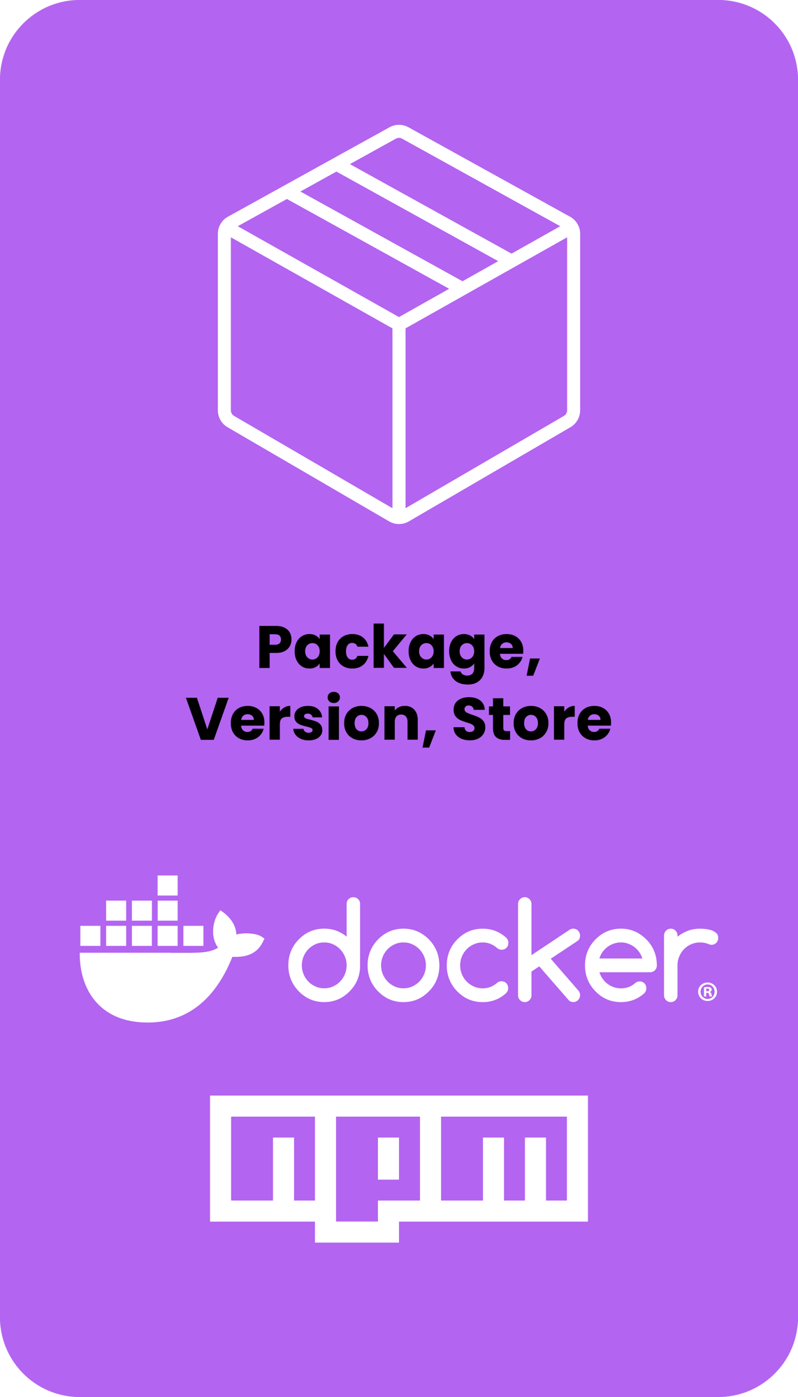 Package, Version, Store. Technologies include Docker and npm.