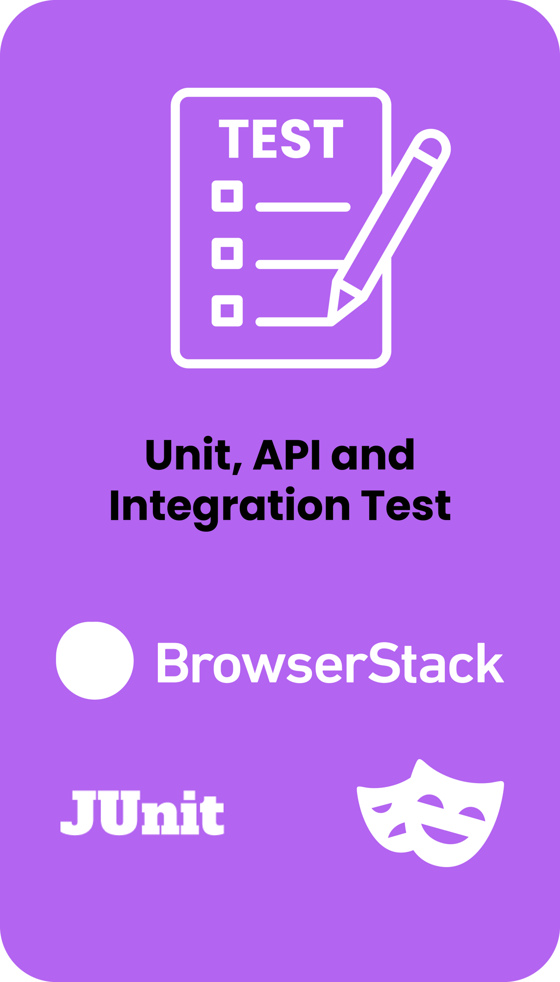 Unit, API and Integration Test. Technologies include BrowserStack, Playwright, and JUnit.